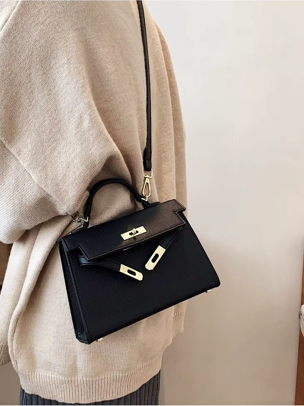 Classic Black Leather Top-Handle Crossbody Bag